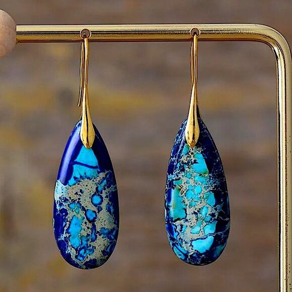 Imperial Jasper Stone Earrings Blue Gold - Picture 2 of 3